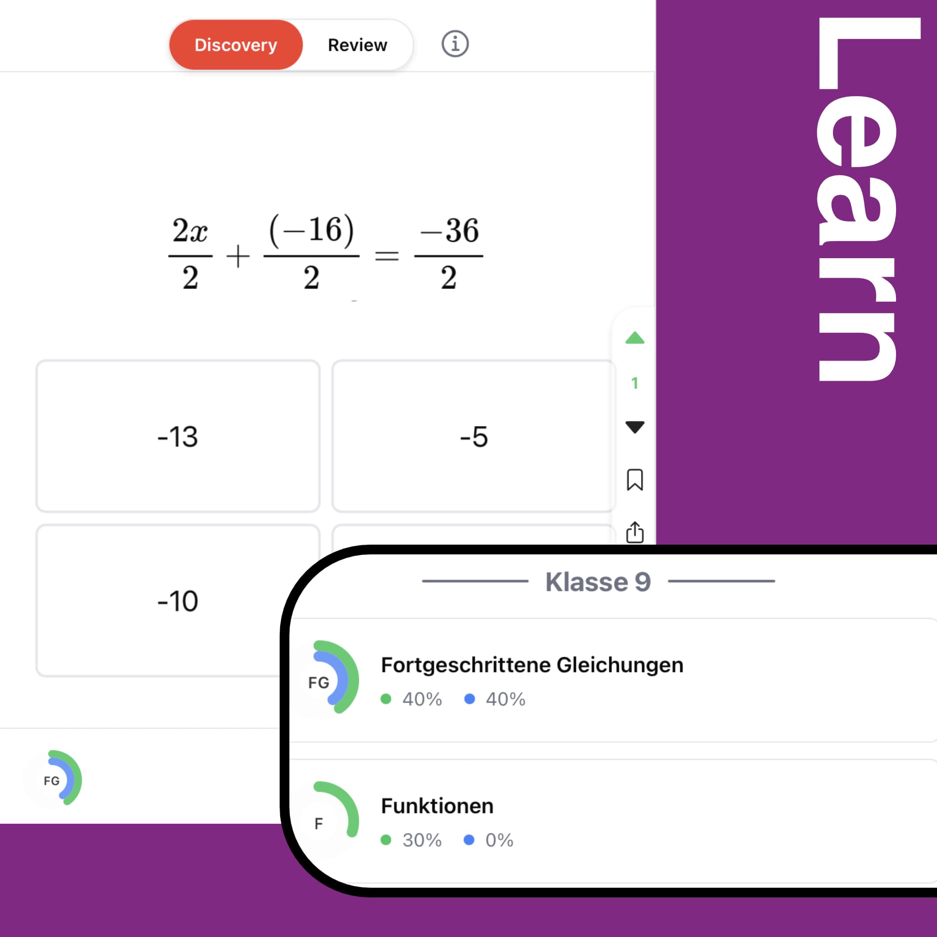 Personalisierte Lernreise-Interface mit verschiedenen Lernmedien wie Karteikarten, Quizzes und Aufgaben