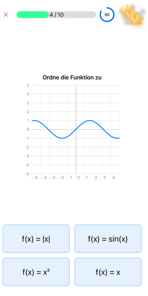 iPhone Screenshot der interaktiven Lernfragen mit adaptiven Schwierigkeitsgraden