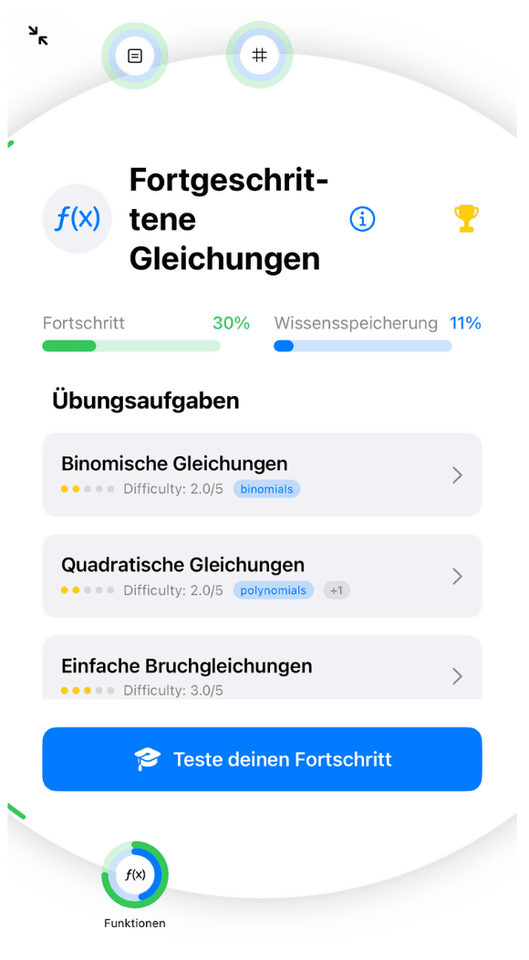 iPhone Screenshot der Prüfungsvorbereitung mit personalisierten Testübungen