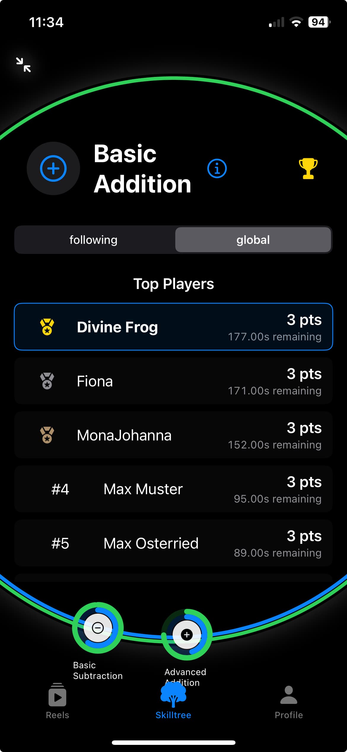 iPhone Screenshot der Schüler-Rangliste mit Punkteständen und Wettbewerbselementen